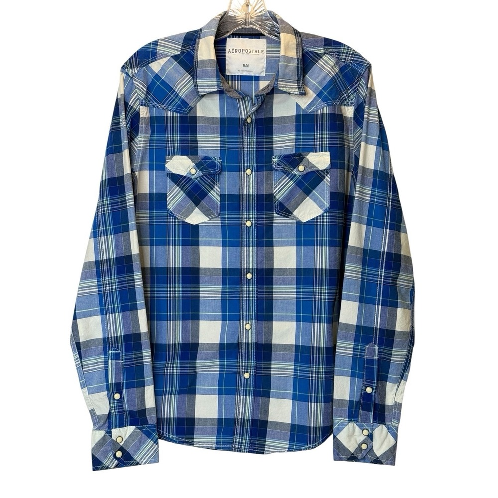Aeropostale Blue Plaid Pearl‎ Snap Button Up Long Sleeve Mens M Collared Shirt